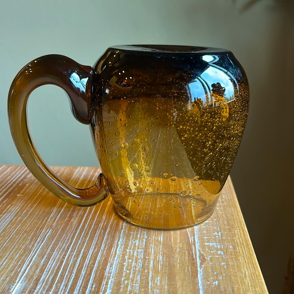 Vintage Hand Blown Amber Glass Mug Large Handle Smooth Pontil Heavy - Picture 12 of 13